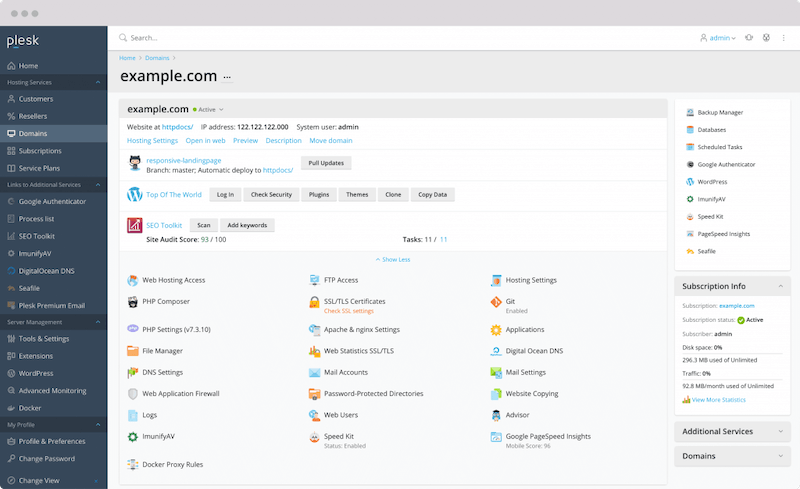 Plesk control panel displaying the management interface for a Windows VPS hosting account, featuring tools for website management, email accounts, SSL certificates, and server settings.